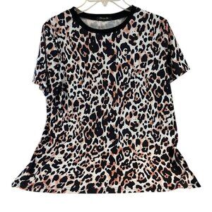 Blooming Jelly Top Womens Large Tan Black Crew Neck Short Sleeve Animal Print